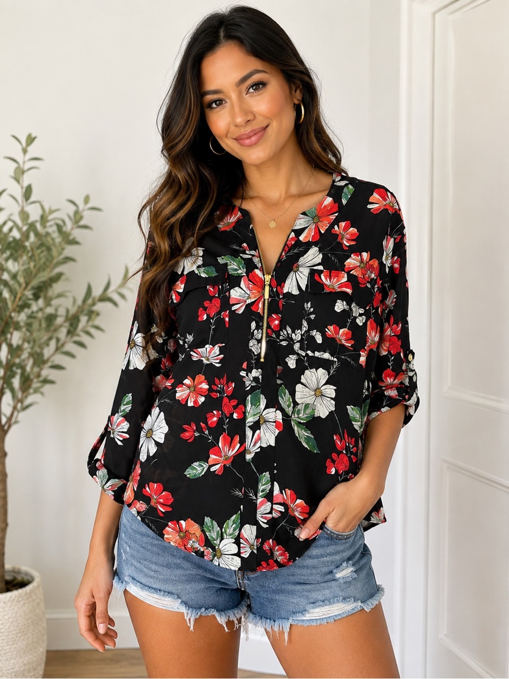 Express Black Floral Zip-Front Tunic with Red, White & Green Accents